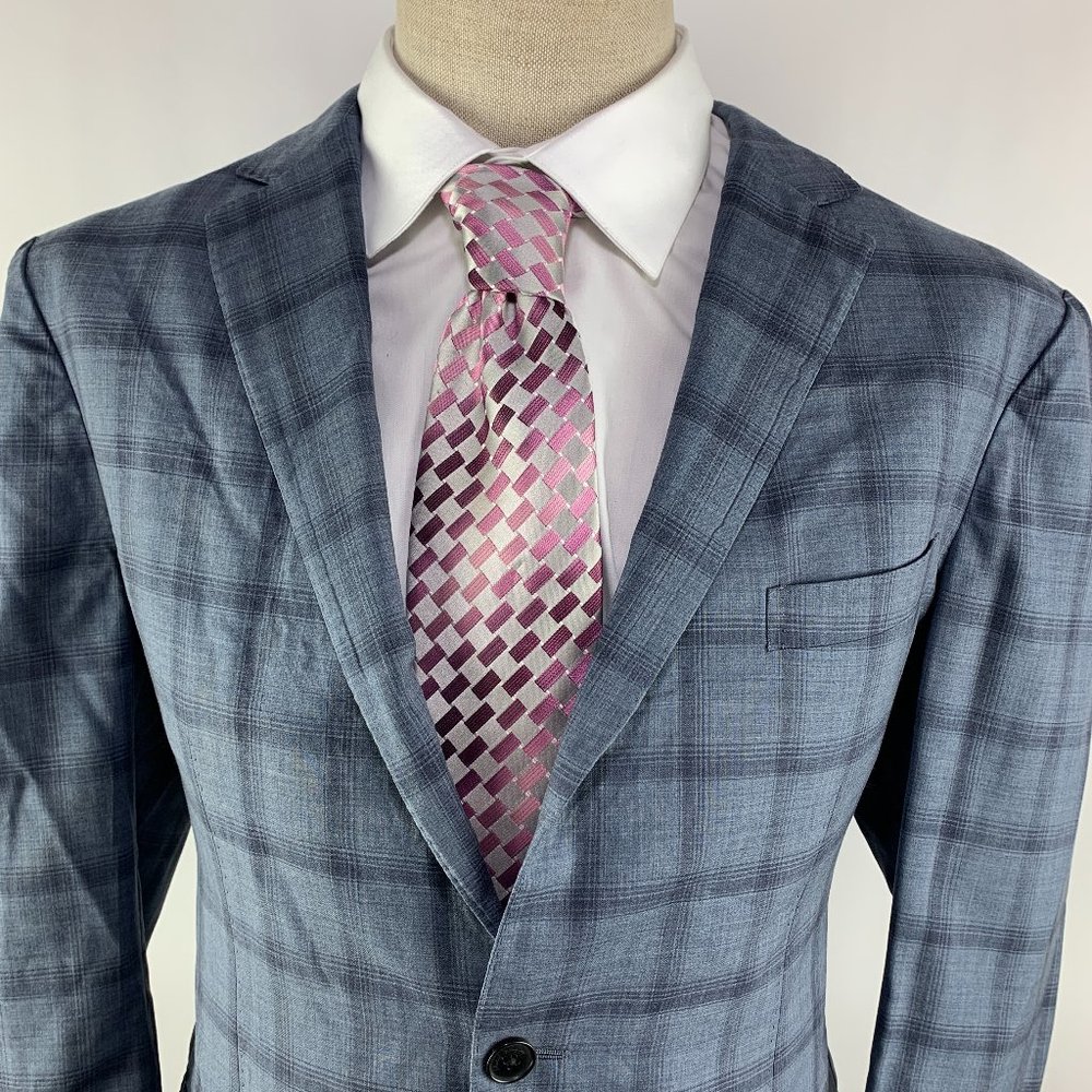 Salvatore Ferragamo 42R (54 Eur) Light Blue Plaid Sport Coat Wool Silk Blend